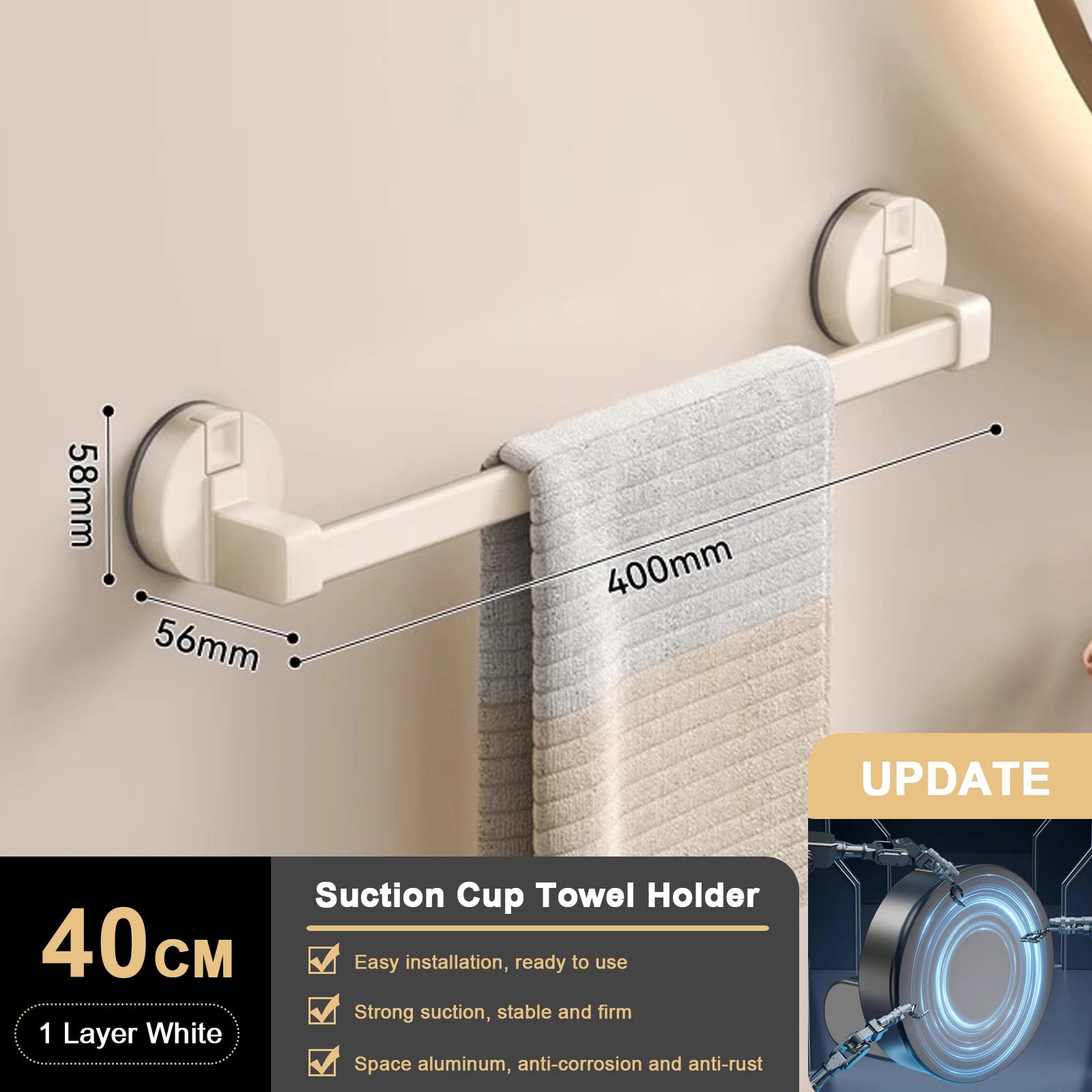 Suction Cup Bathroom Hand Towel Rack Towel Holder Wall Mount No Drill Mount 30/40/50cm Towel Bar Double Bar 2 Tier Apartment