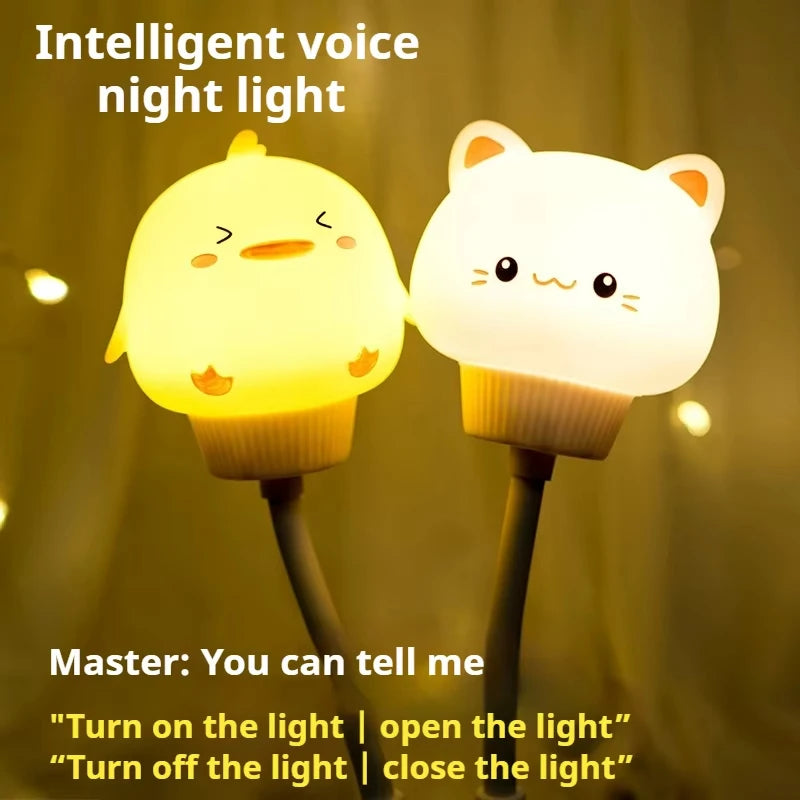 Cute Cartoon Bear Kitten USB Night Light - LED Voice Control Bedside Lamp with Remote for Baby Kid Bedroom Decor