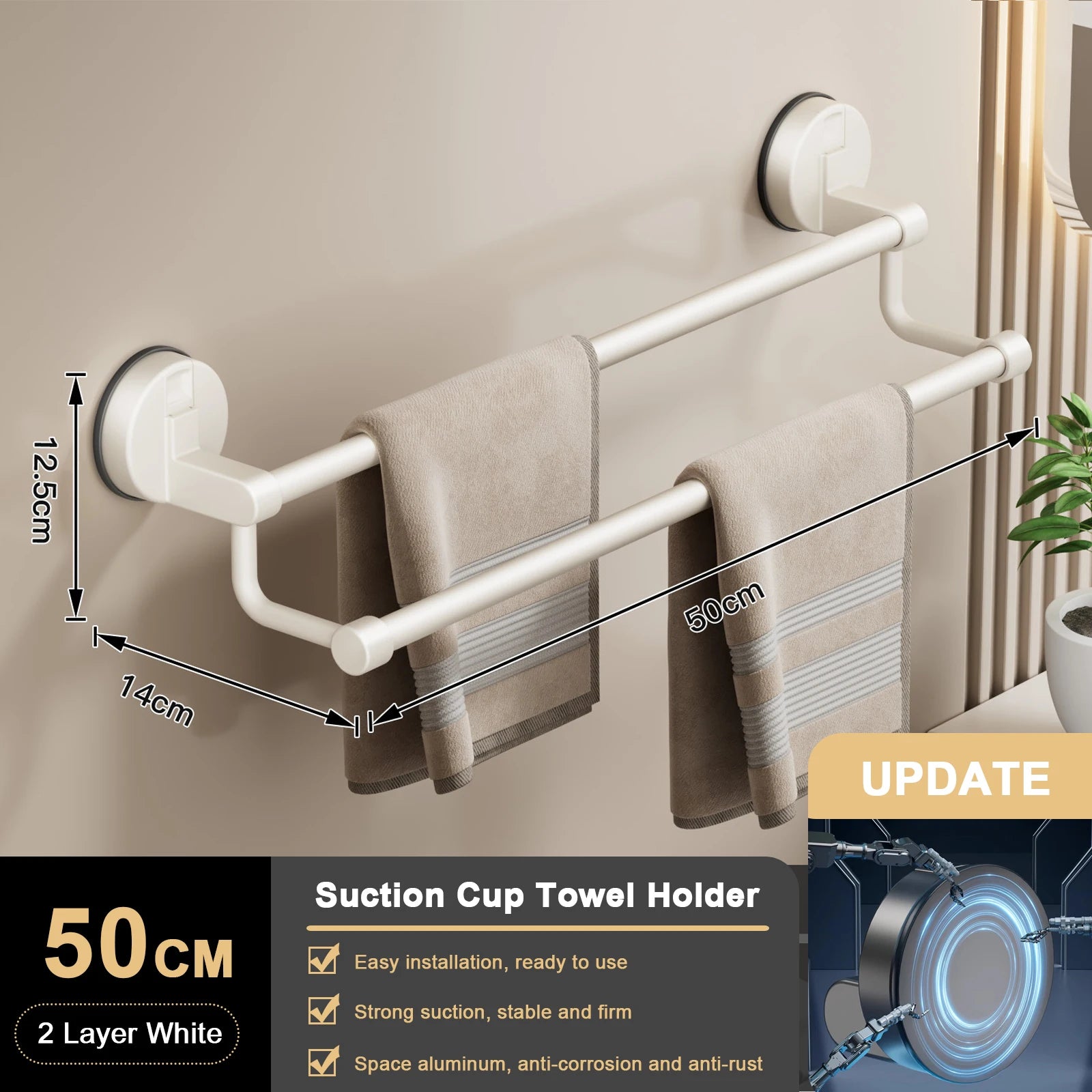 Suction Cup Bathroom Hand Towel Rack Towel Holder Wall Mount No Drill Mount 30/40/50cm Towel Bar Double Bar 2 Tier Apartment
