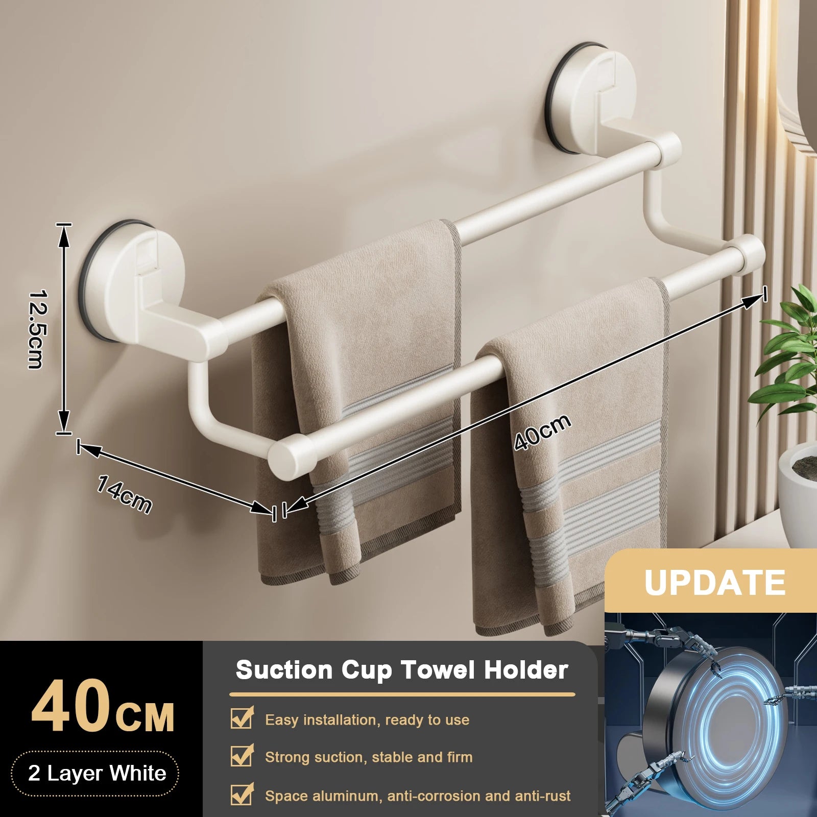 Suction Cup Bathroom Hand Towel Rack Towel Holder Wall Mount No Drill Mount 30/40/50cm Towel Bar Double Bar 2 Tier Apartment
