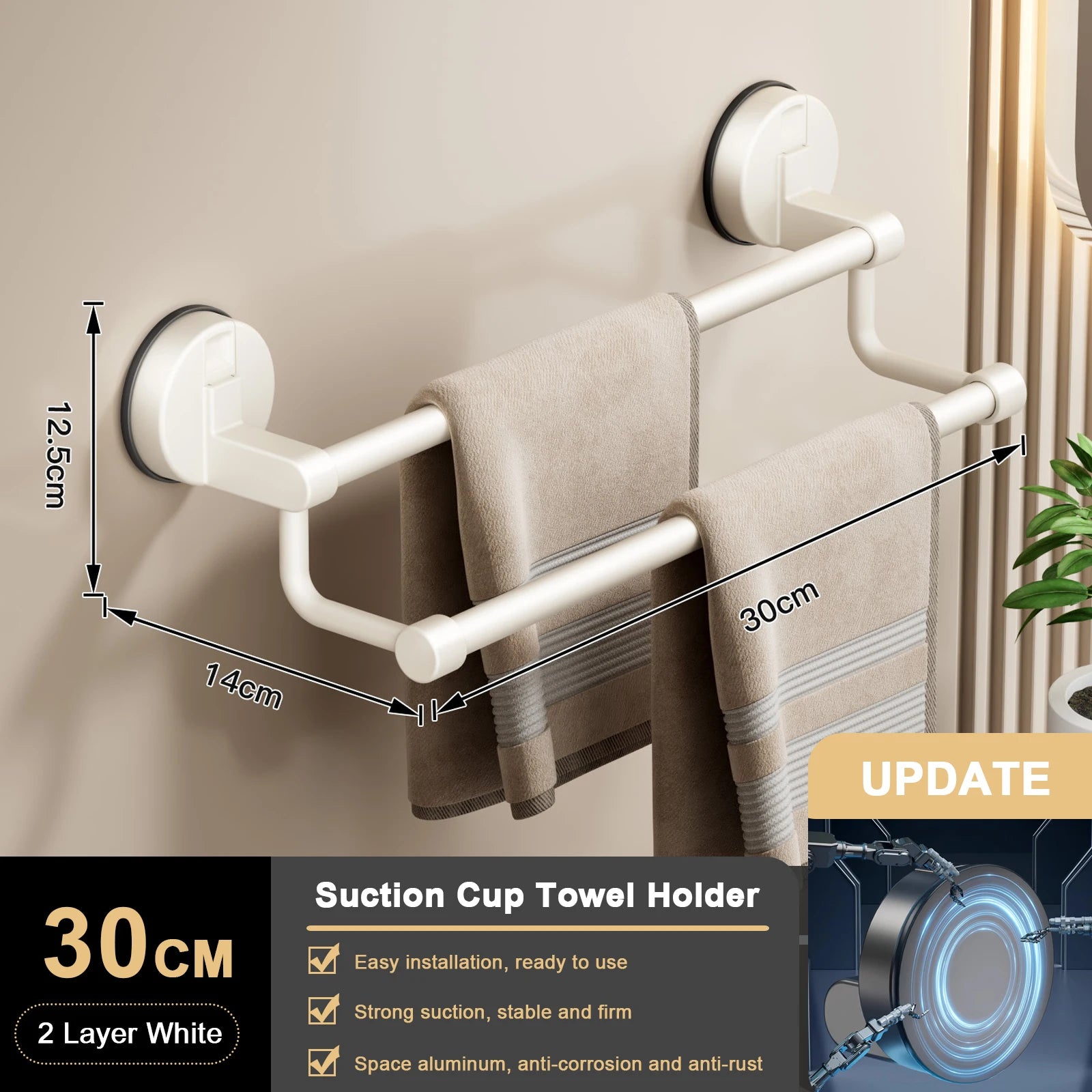 Suction Cup Bathroom Hand Towel Rack Towel Holder Wall Mount No Drill Mount 30/40/50cm Towel Bar Double Bar 2 Tier Apartment