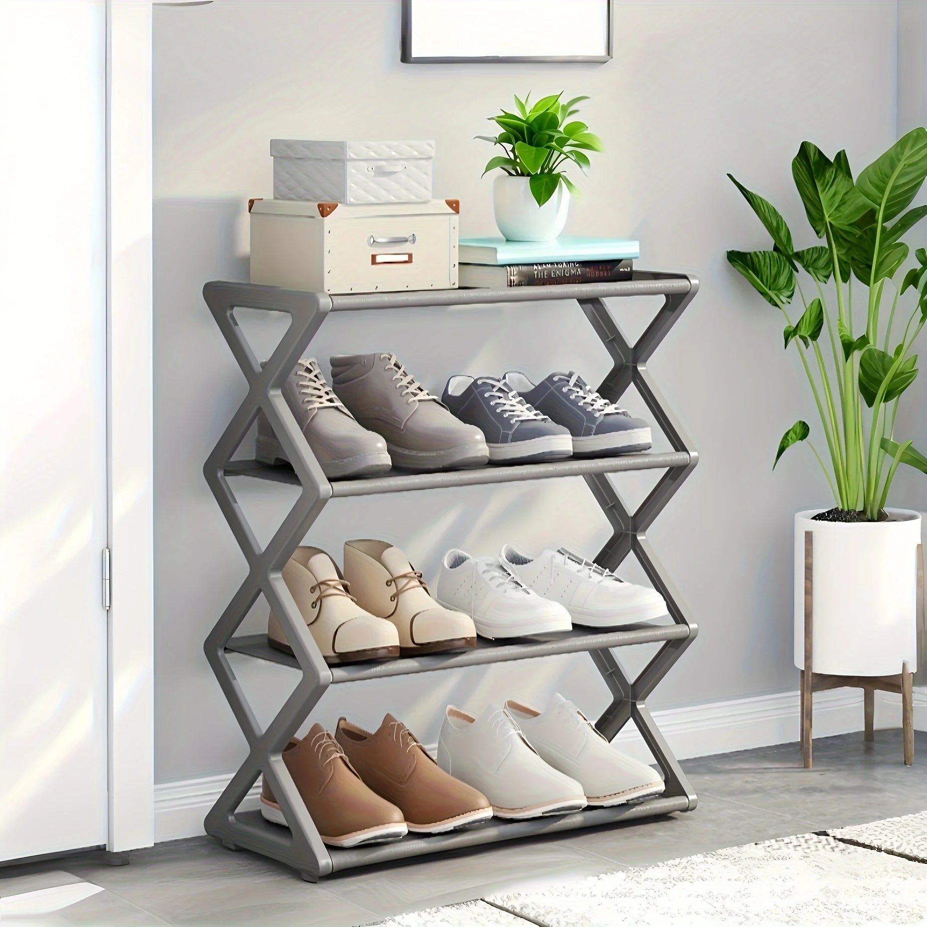 4-Tier Foldable Shoe Rack + Space-Saving Storage Solution，Vintage No Assembly Required,  A 4 Seasons Collapsible Bookshelf