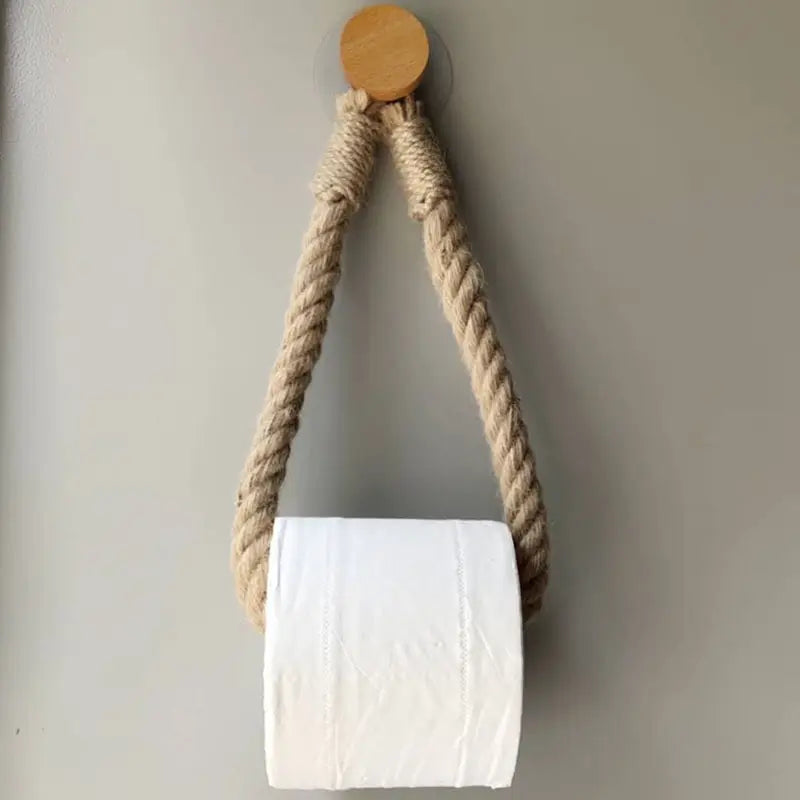 1pc Hemp Rope Tissue Holder Hole Free Wall Hanging Cotton String Hemp Rope Tissue Holder Solid Wood Roll Paper Holder