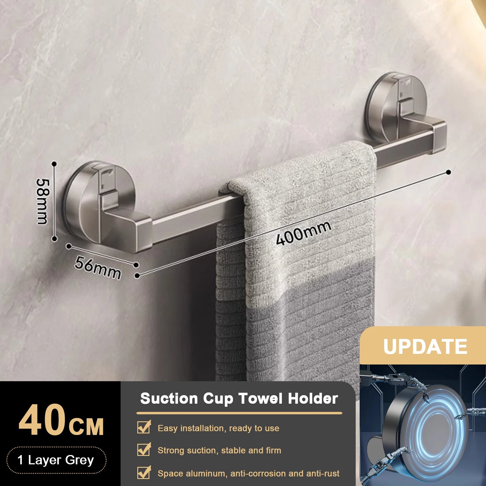 Suction Cup Bathroom Hand Towel Rack Towel Holder Wall Mount No Drill Mount 30/40/50cm Towel Bar Double Bar 2 Tier Apartment