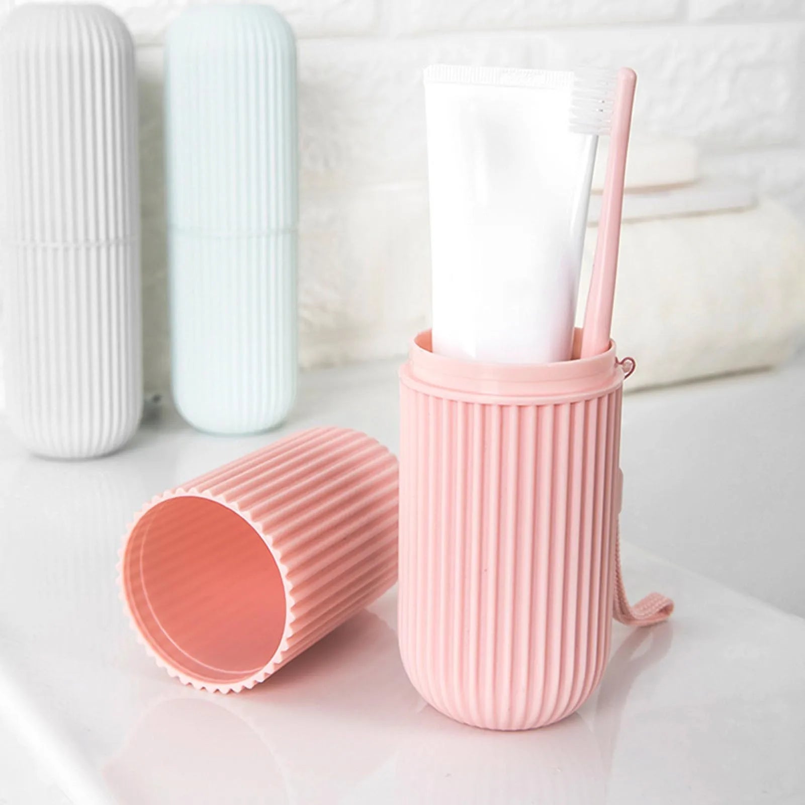 Pink Empty Travel Portable Toothbrush Cup Bathroom Toothpaste Holder Storage Case Box Organizer Travel Toiletries Storage Cup