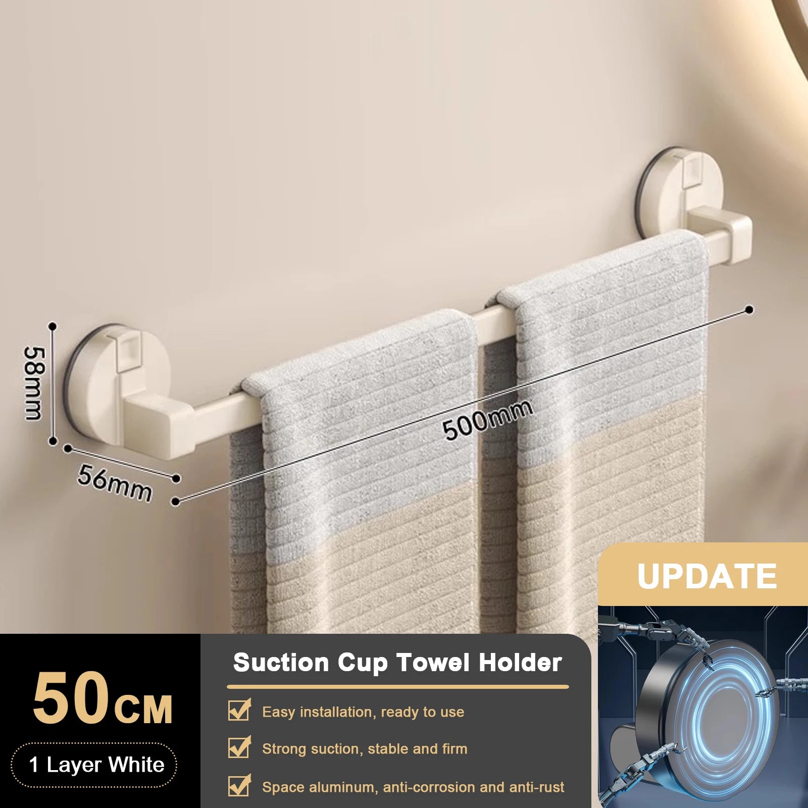 Suction Cup Bathroom Hand Towel Rack Towel Holder Wall Mount No Drill Mount 30/40/50cm Towel Bar Double Bar 2 Tier Apartment