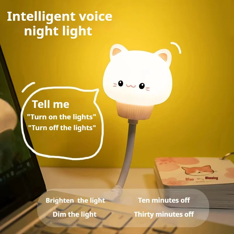 Cute Cartoon Bear Kitten USB Night Light - LED Voice Control Bedside Lamp with Remote for Baby Kid Bedroom Decor