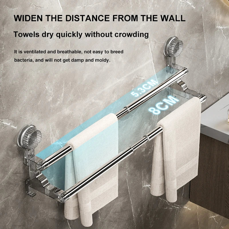 Double Layer 56-94cm Suction cup wall mounted towel rack, Non Perforated bathroom storage rack, bathroom single-pole towel rack
