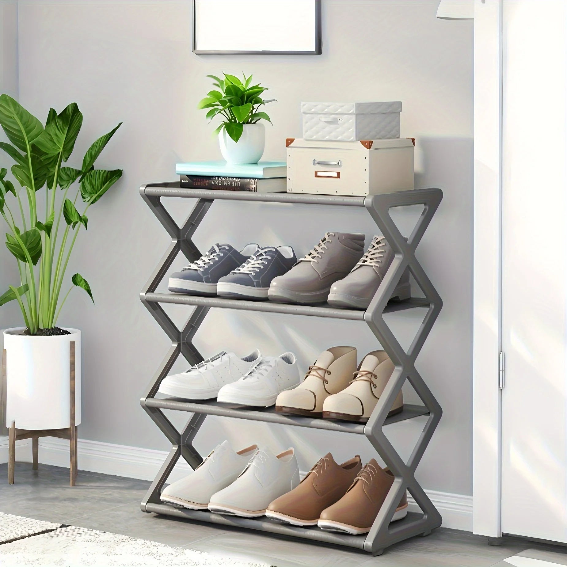 4-Tier Foldable Shoe Rack + Space-Saving Storage Solution，Vintage No Assembly Required,  A 4 Seasons Collapsible Bookshelf