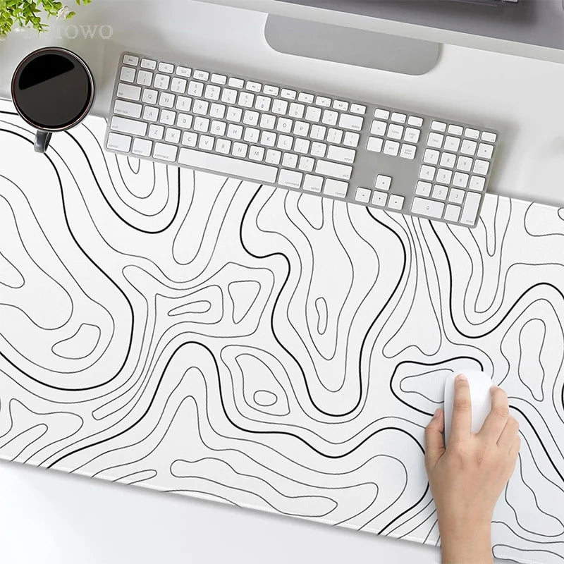 Mouse Pad Gamer White Contour Lines XL with Design Topografic- Anti-Slip, Super Narural, Cauciuc Natural