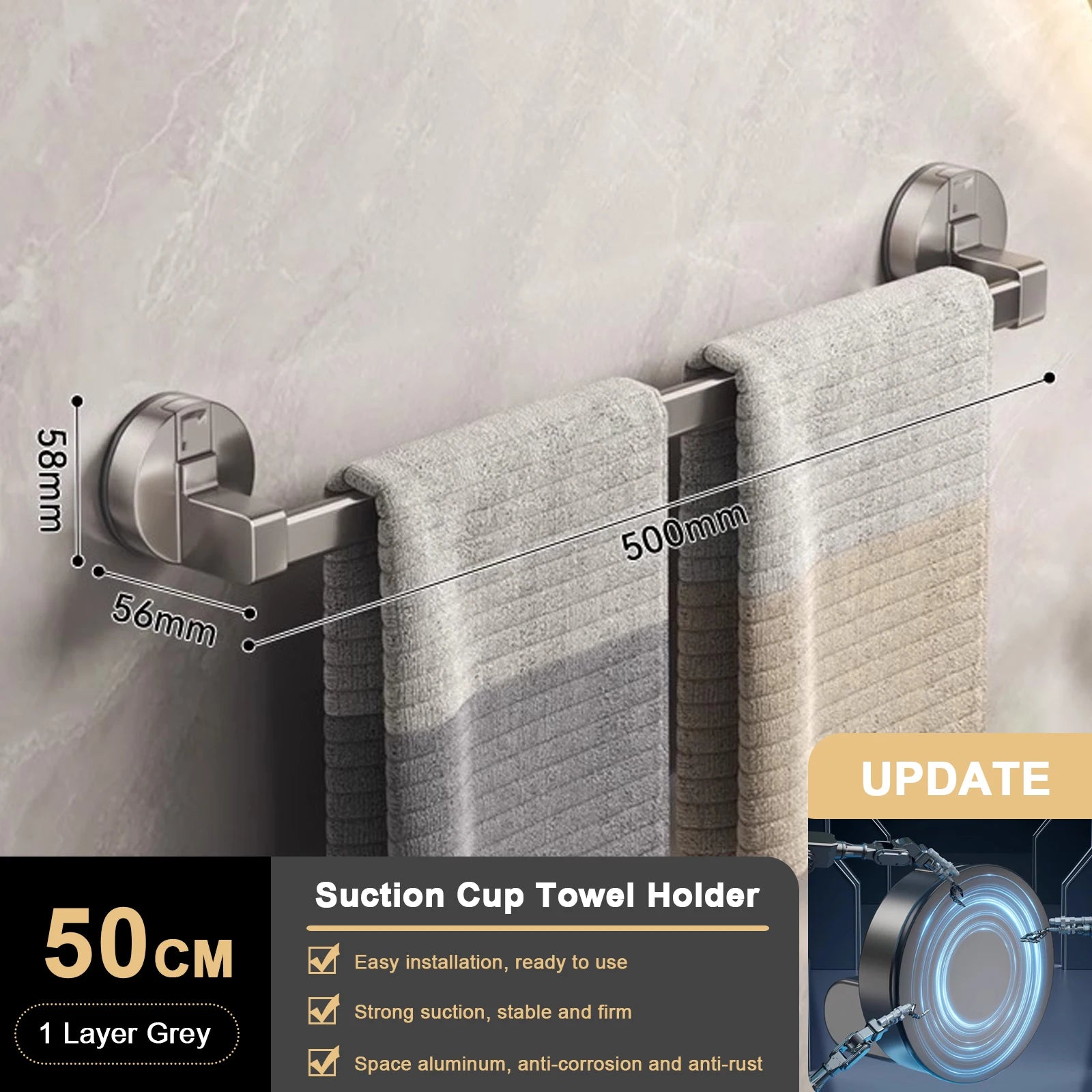 Suction Cup Bathroom Hand Towel Rack Towel Holder Wall Mount No Drill Mount 30/40/50cm Towel Bar Double Bar 2 Tier Apartment