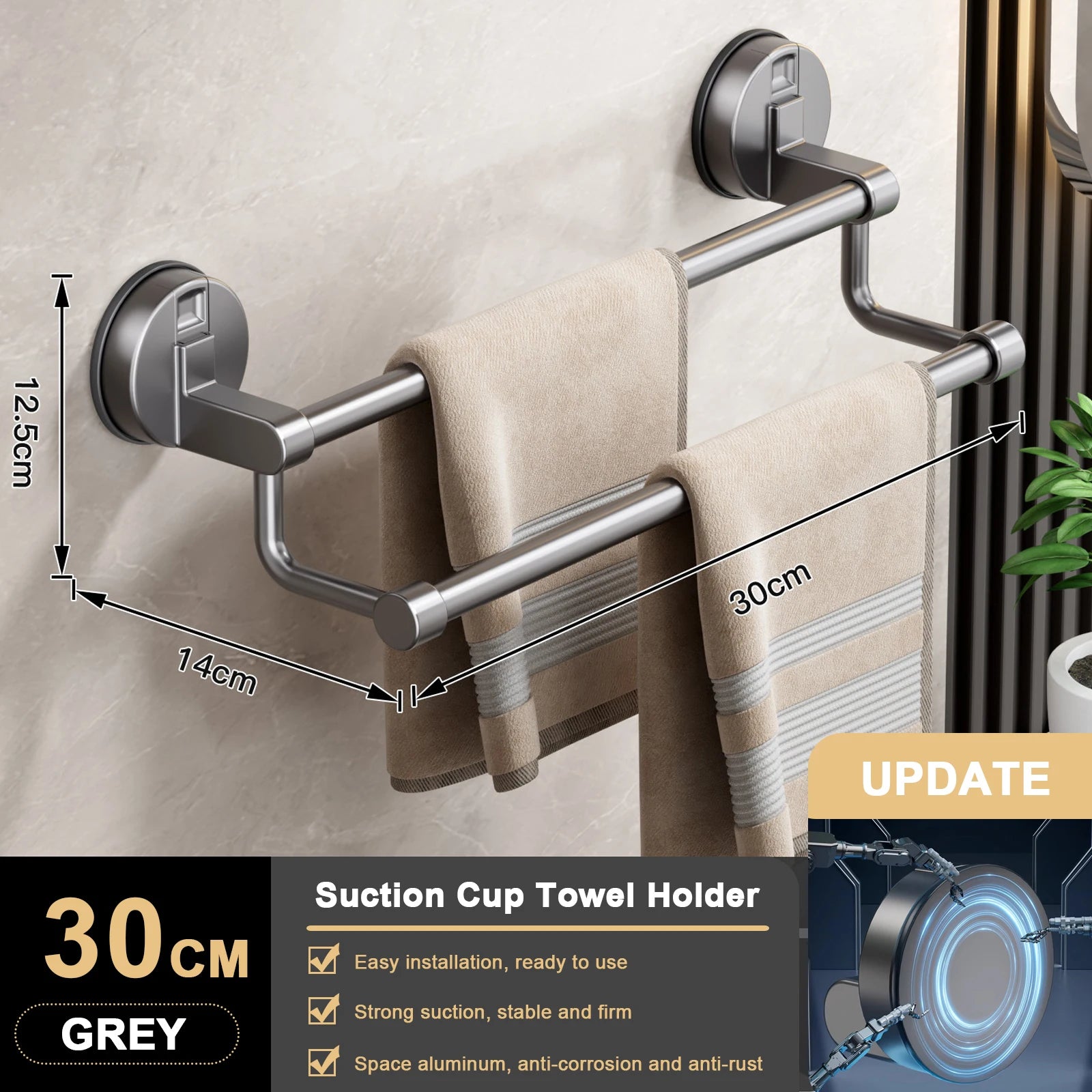 Suction Cup Bathroom Hand Towel Rack Towel Holder Wall Mount No Drill Mount 30/40/50cm Towel Bar Double Bar 2 Tier Apartment