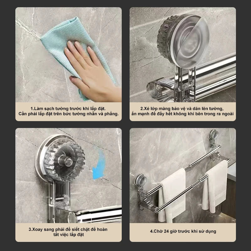 Double Layer 56-94cm Suction cup wall mounted towel rack, Non Perforated bathroom storage rack, bathroom single-pole towel rack