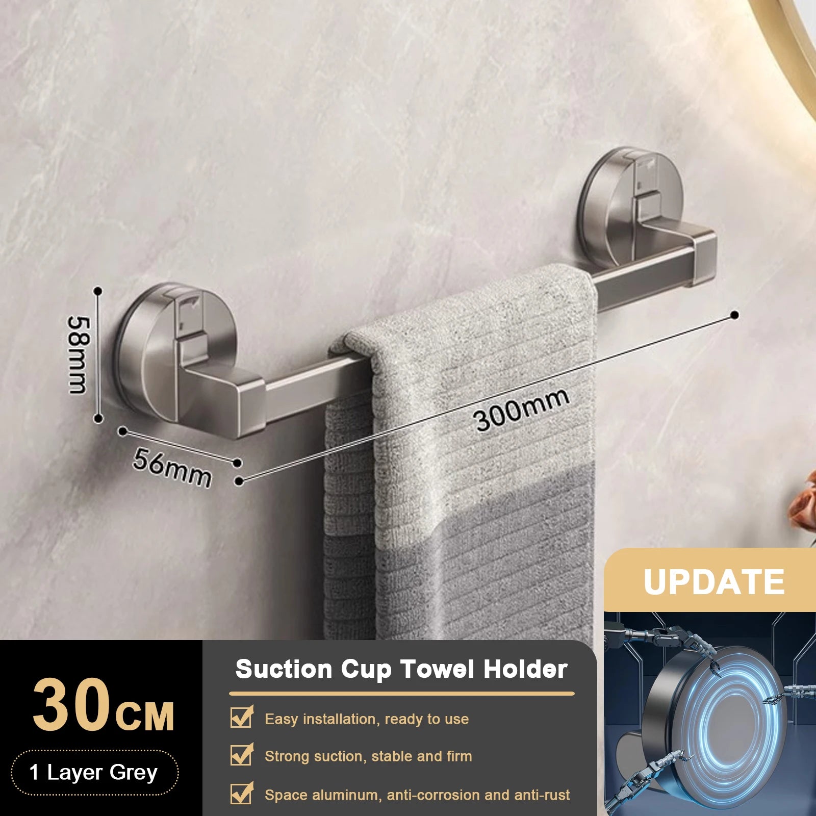 Suction Cup Bathroom Hand Towel Rack Towel Holder Wall Mount No Drill Mount 30/40/50cm Towel Bar Double Bar 2 Tier Apartment