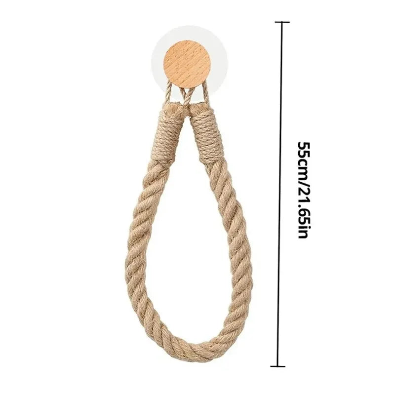 1pc Hemp Rope Tissue Holder Hole Free Wall Hanging Cotton String Hemp Rope Tissue Holder Solid Wood Roll Paper Holder
