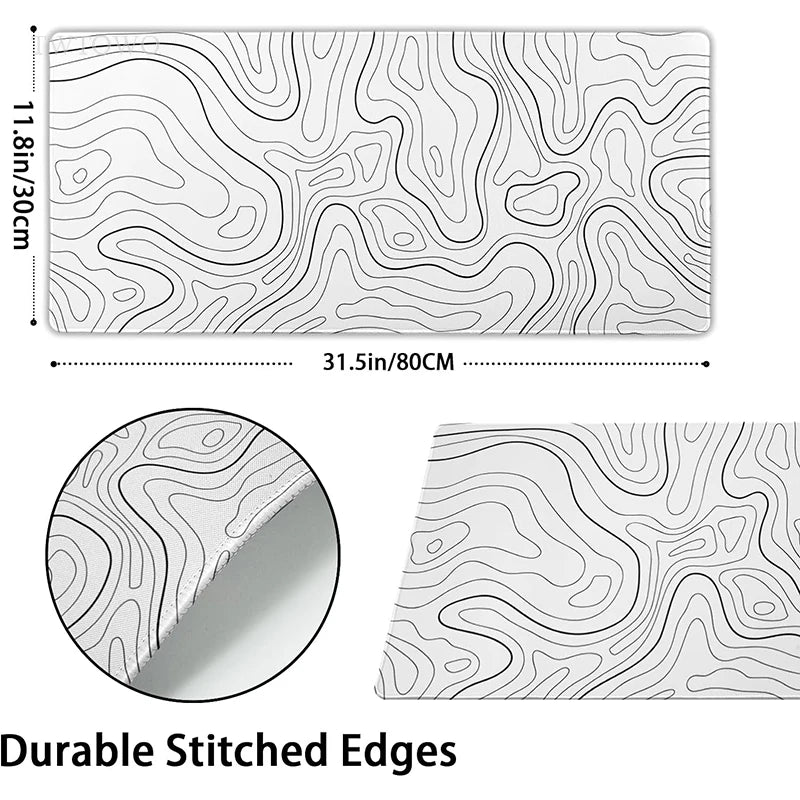 Mouse Pad Gamer White Contour Lines XL with Design Topografic- Anti-Slip, Super Narural, Cauciuc Natural