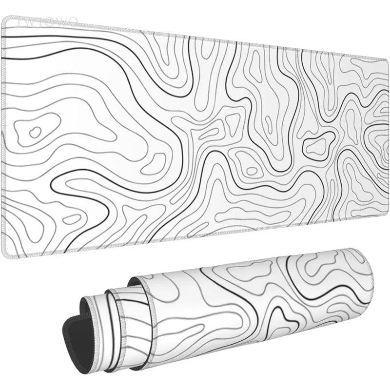 Mouse Pad Gamer White Contour Lines XL with Design Topografic- Anti-Slip, Super Narural, Cauciuc Natural