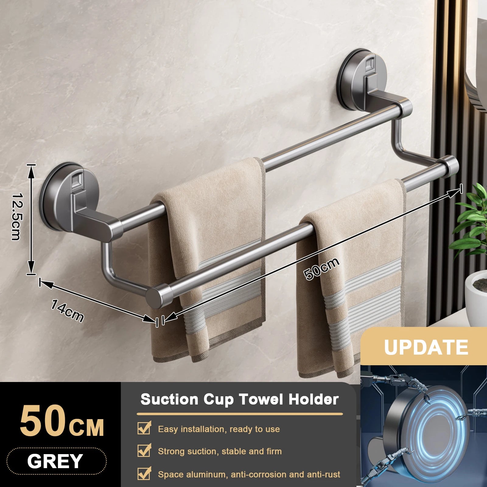 Suction Cup Bathroom Hand Towel Rack Towel Holder Wall Mount No Drill Mount 30/40/50cm Towel Bar Double Bar 2 Tier Apartment