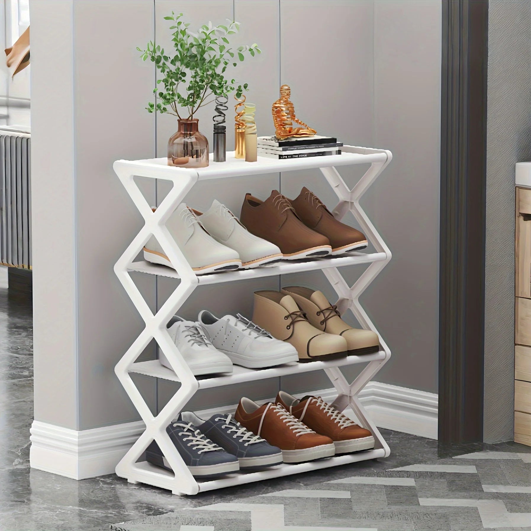 4-Tier Foldable Shoe Rack + Space-Saving Storage Solution，Vintage No Assembly Required,  A 4 Seasons Collapsible Bookshelf