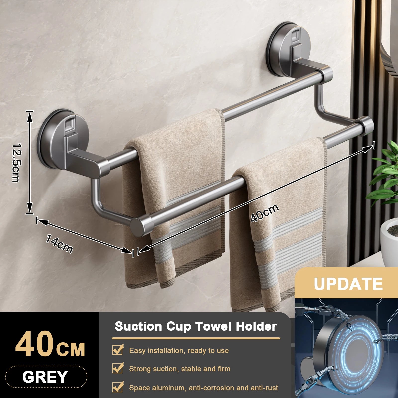 Suction Cup Bathroom Hand Towel Rack Towel Holder Wall Mount No Drill Mount 30/40/50cm Towel Bar Double Bar 2 Tier Apartment