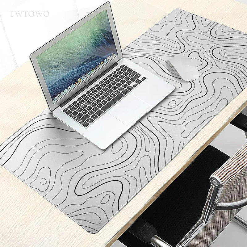 Mouse Pad Gamer White Contour Lines XL with Design Topografic- Anti-Slip, Super Narural, Cauciuc Natural