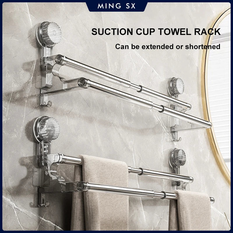 Double Layer 56-94cm Suction cup wall mounted towel rack, Non Perforated bathroom storage rack, bathroom single-pole towel rack