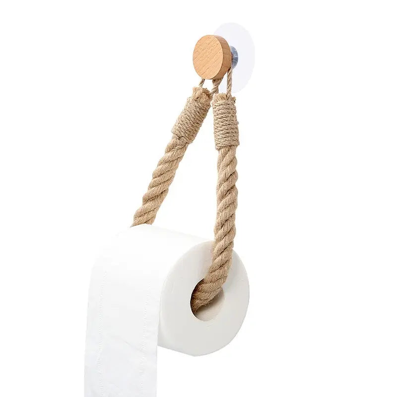 1pc Hemp Rope Tissue Holder Hole Free Wall Hanging Cotton String Hemp Rope Tissue Holder Solid Wood Roll Paper Holder