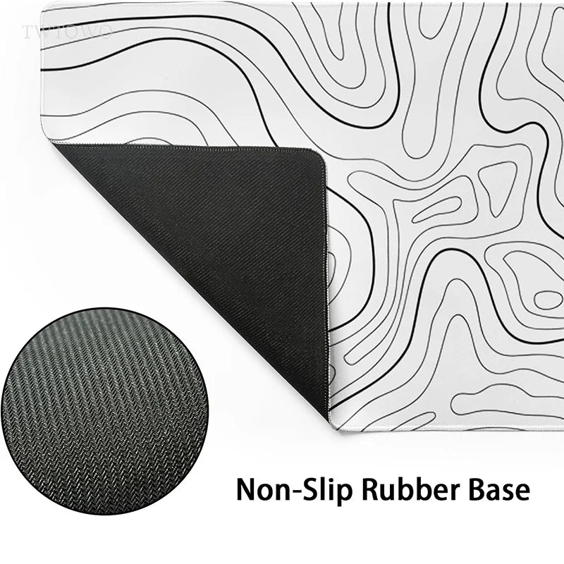 Mouse Pad Gamer White Contour Lines XL with Design Topografic- Anti-Slip, Super Narural, Cauciuc Natural