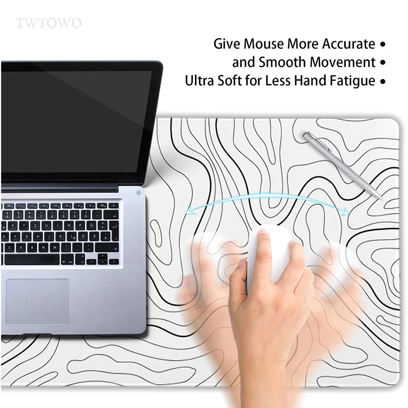 Mouse Pad Gamer White Contour Lines XL with Design Topografic- Anti-Slip, Super Narural, Cauciuc Natural