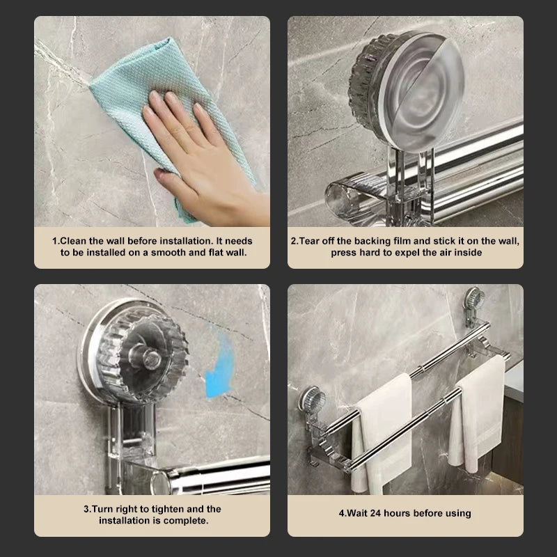 Double Layer 56-94cm Suction cup wall mounted towel rack, Non Perforated bathroom storage rack, bathroom single-pole towel rack