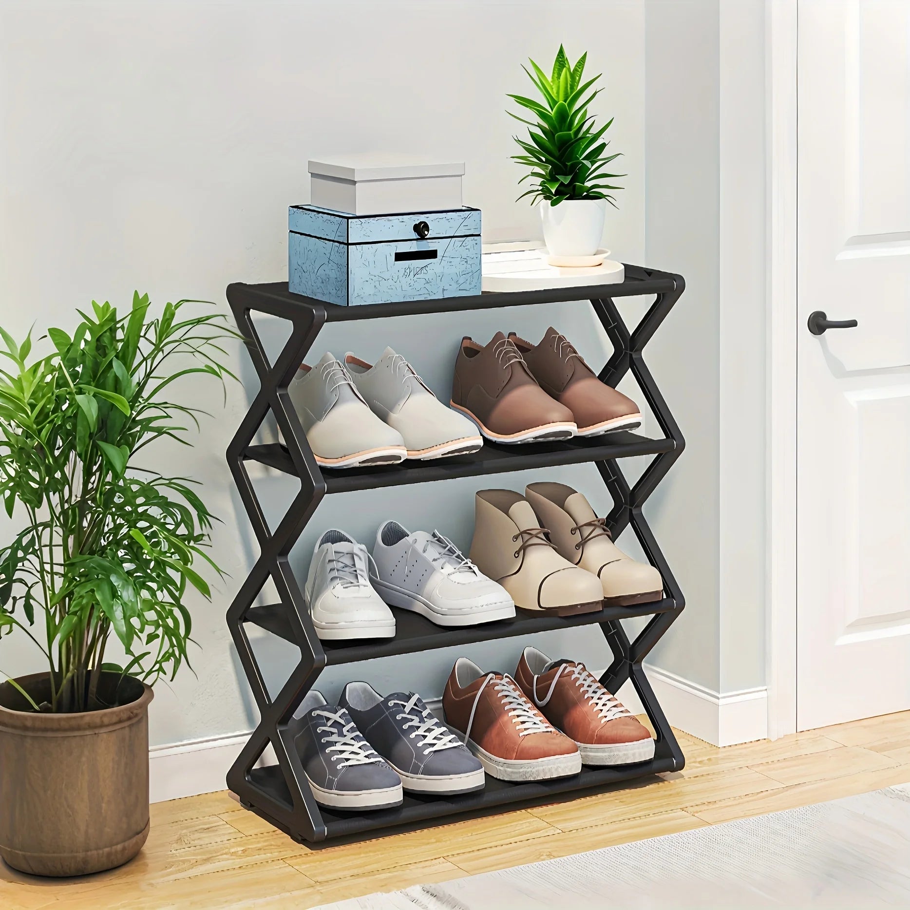 4-Tier Foldable Shoe Rack + Space-Saving Storage Solution，Vintage No Assembly Required,  A 4 Seasons Collapsible Bookshelf